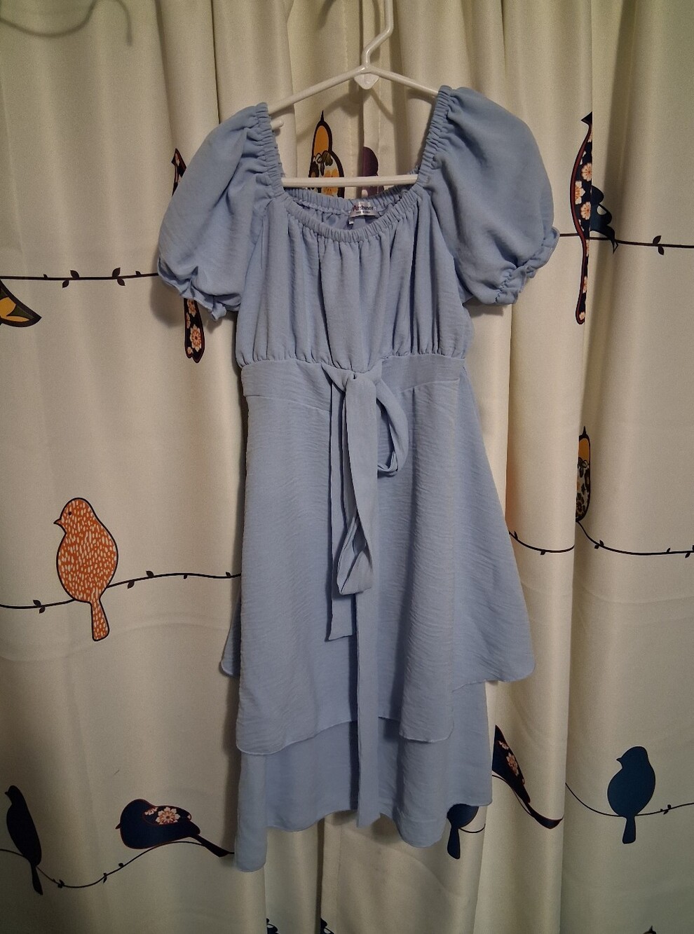 Light Blue Puff Sleeve Tiered Dress with Waist Tie Size 12 (Girl)